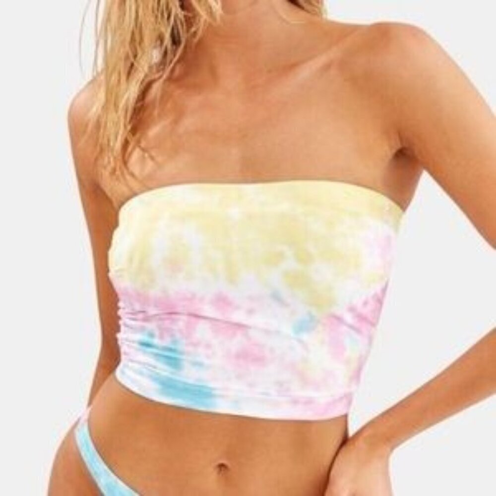 Re/Done Tie Dye Swim Tube‎ Top Pink Yellow Blue Medium